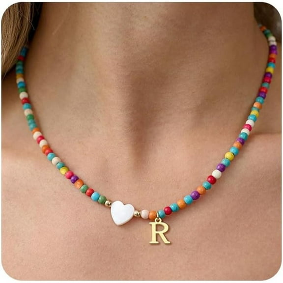 Dainty Initial Necklaces for Women Colorful Beaded Necklaces Handmade Personalized A-Z Gifts with Heart Shaped Shells Jewelry Gift