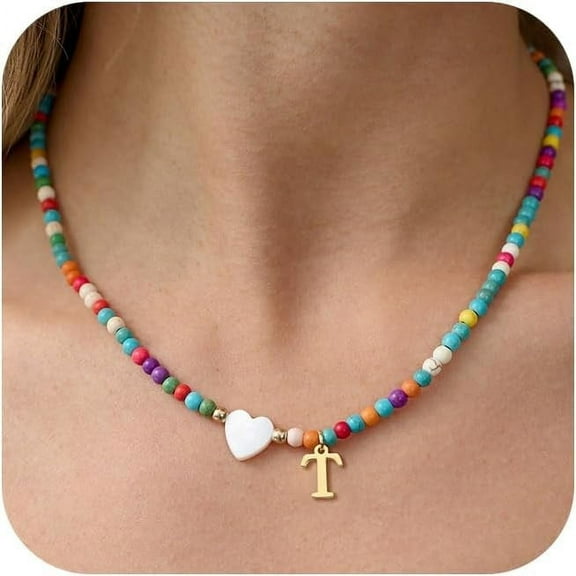 Dainty Initial Necklaces for Women Colorful Beaded Necklaces Handmade Personalized A-Z Gifts with Heart Shaped Shells Jewelry Gift
