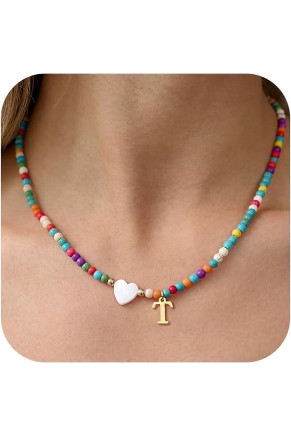 Dainty Initial Necklaces for Women Colorful Beaded Necklaces Handmade Personalized A-Z Gifts with Heart Shaped Shells Jewelry Gift