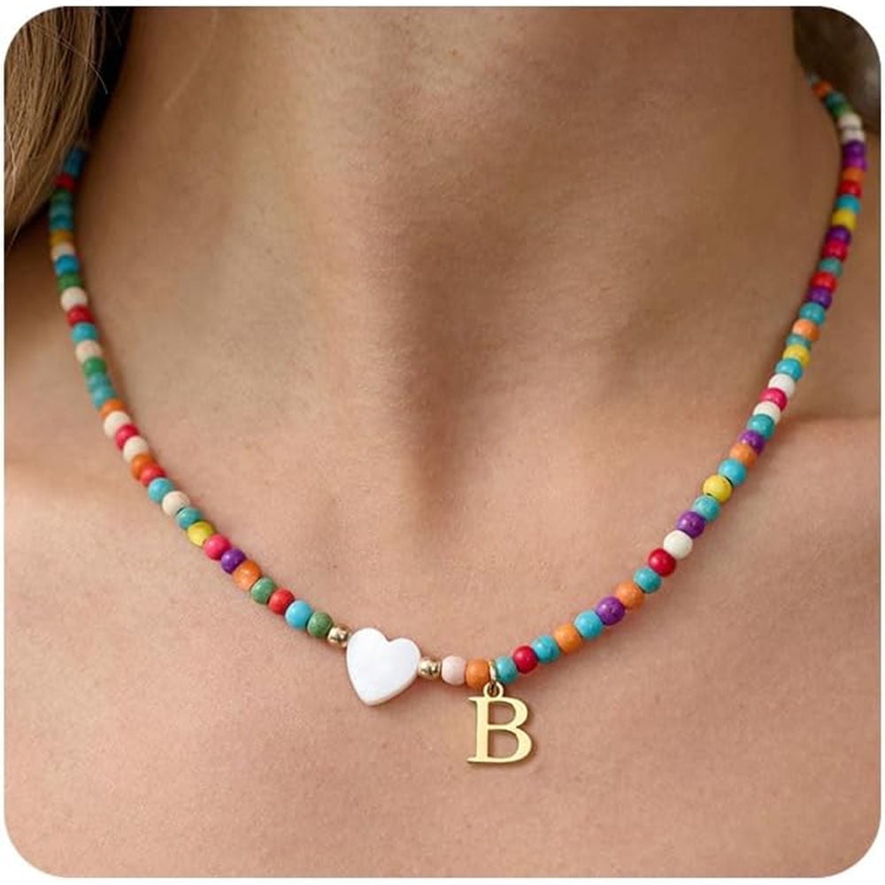 Initial Shell Pendants Dainty Initial Necklaces for Women Colorful Beaded Necklaces Handmade ...