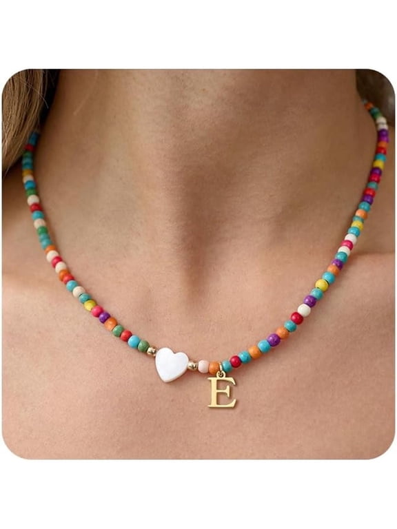 Dainty Initial Necklaces for Women Colorful Beaded Necklaces Handmade Personalized A-Z Gifts with Heart Shaped Shells Jewelry Gift