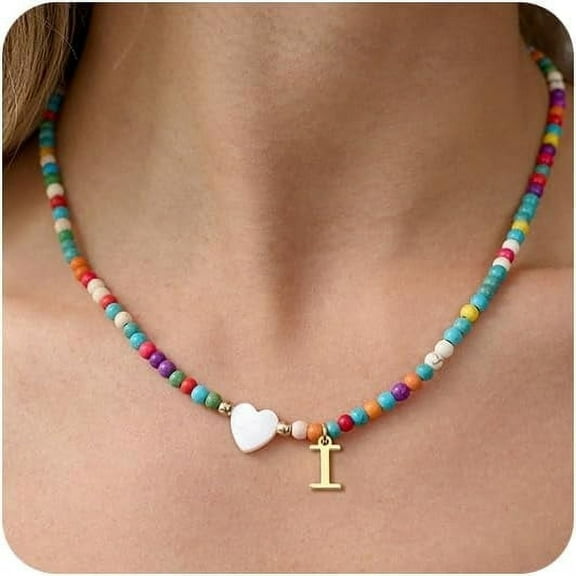 Dainty Initial Necklaces for Women Colorful Beaded Necklaces Handmade Personalized A-Z Gifts with Heart Shaped Shells Jewelry Gift