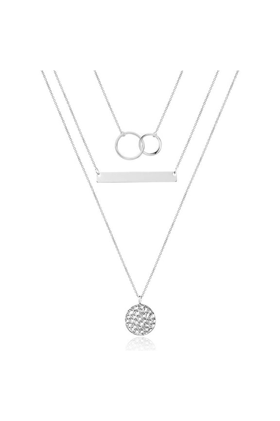 Dainty Interlocking Circles Pendant Necklace for Women 14K White Gold Plated Stackable Bar Hammered Disc Jewelry Trendy Personalized Birthday Gifts for Her Girls