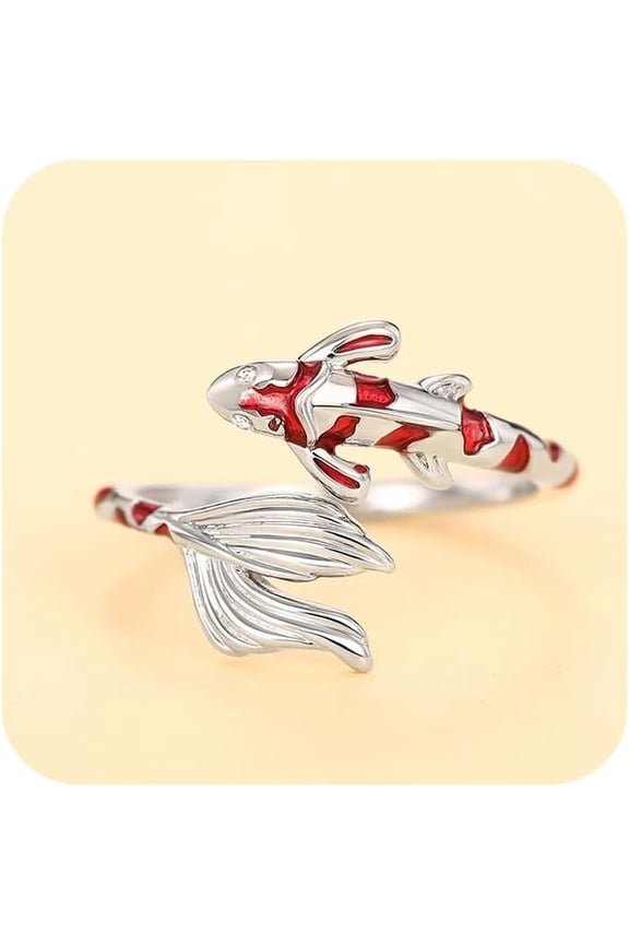 Dainty Koi Fish Open Lucky Ring 14K Gold/925 Sterling Silver Plated Unique Ocean Gift Animal Lovers Jewelry Adjustable Red Carp Stacking Cocktail Statement Rings for Women (Silver)