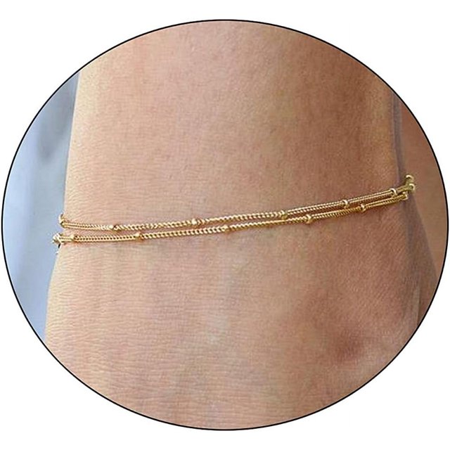 Dainty Layered Anklet,14K Gold Filled Cute Beads Satellite Chain Heart
