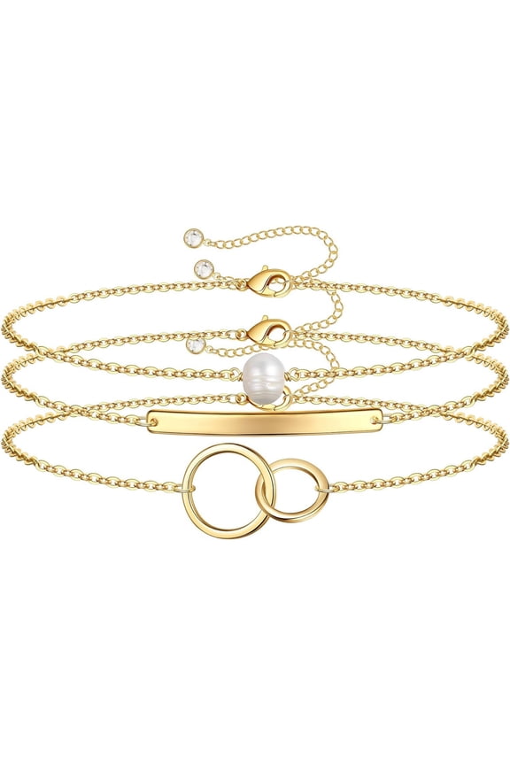 Dainty Layered Bracelets for Women, 14K Gold Filled Layering Oval Chain Bracelet Handmade Turquoise Evil Eye Pearl Bar Circle Lotus Gold Layered Chain Bracelets for Women Boho Jewelry Gifts