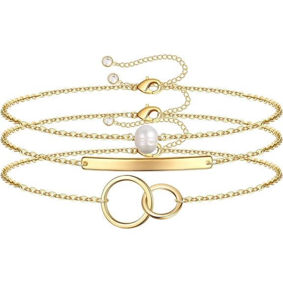 Dainty Layered Bracelets for Women, 14K Gold Filled Layering Oval Chain Bracelet Handmade Turquoise Evil Eye Pearl Bar Circle Lotus Gold Layered Chain Bracelets for Women Boho Jewelry Gifts