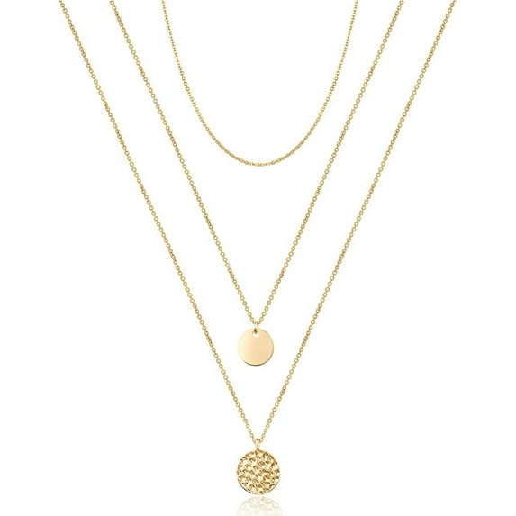 Dainty Layered Choker Necklace, Handmade 14K Gold Plated Y Pendant Necklace Multilayer Bar Disc Necklace Adjustable Layering Choker Necklaces for Women