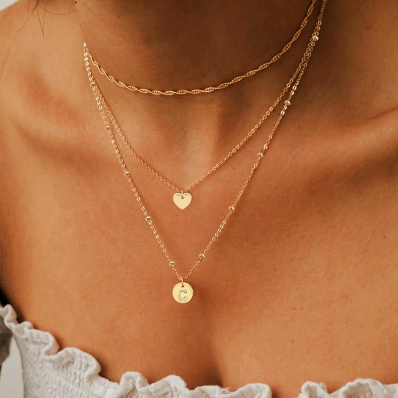 Dainty Layered Initial Choker Necklaces Handmade 14K Gold Plated Tiny Heart Personalized Letter Disc Pendant Adjustable Chain Layering Gold Necklaces For Women Gift Jewelry[o1476]