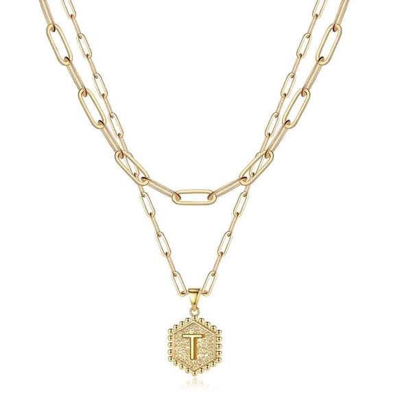Dainty Layered Initial Necklaces for Women, 14K Gold Plated Paperclip Chain Necklace Simple Cute Hexagon Letter Pendant Initial Choker Necklace Gold Layered Necklaces for Women Gold