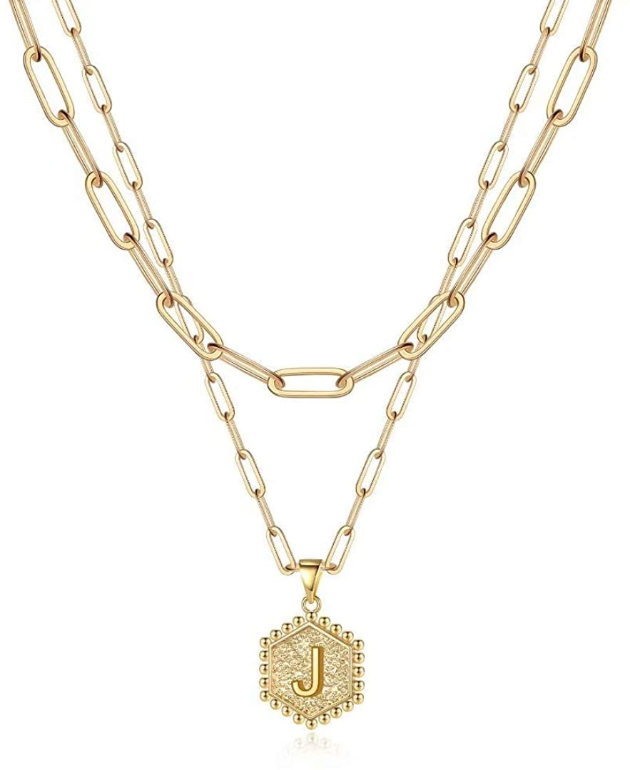 Simple Initial Chain Dainty Layered Initial Necklaces for Women, 14K Gold Plated Paperclip ...