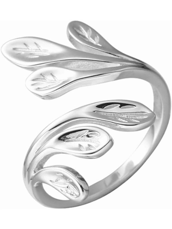 Dainty Leaf Stacking Statement Ring for Women Silver Plated Adjustable Expandable Floral Leaves Open Wide Wrap Finger Rings Comfort Fit Elegant Holiday Engagement Jewelry Gift