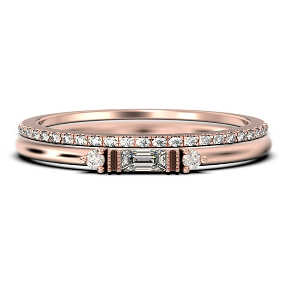 Dainty Minimalist 1.25 Carat Baguette Cut Diamond Moissanite Engagement Ring, Antique Wedding Ring in 925 Sterling Silver With 18k Rose Gold Plating, Bridal Set, Matching Band