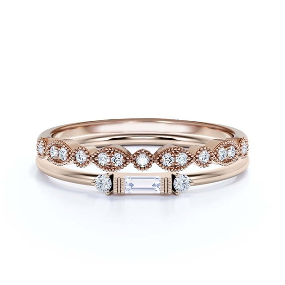Dainty Minimalist 1.25 Carat Baguette Cut Diamond Moissanite Engagement Ring, Antique Wedding Ring in 925 Sterling Silver With 18k Rose Gold Plating, Gift For Her, Bridal Set, Matching Band