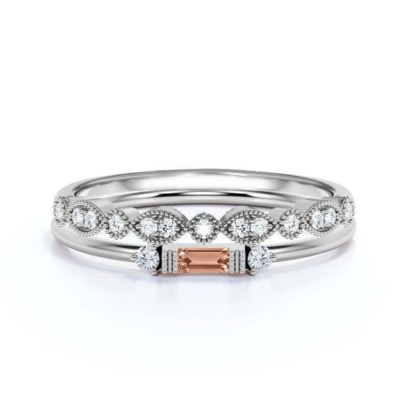 Dainty Minimalist 1.25 Carat Baguette Cut Morganite And Diamond Moissanite Engagement Ring, Antique Wedding Ring in 925 Sterling Silver With 18k White Gold Plating, Bridal Set, Matching Band