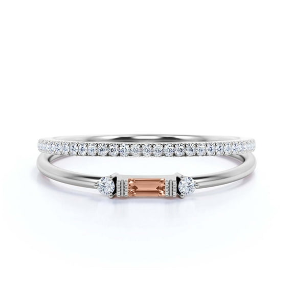 Dainty Minimalist 1.25 Carat Baguette Cut Morganite And Diamond Moissanite Engagement Ring, Antique Wedding Ring In 925 Sterling Silver With 18K White Gold Plating, Bridal Set, Matching Band