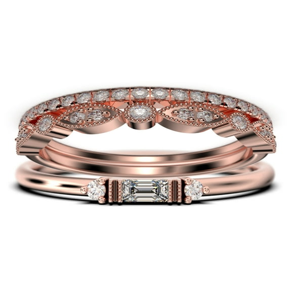 Dainty Minimalist 1.75 Carat Baguette Cut Diamond Moissanite Engagement Ring, Antique Wedding Ring in 10k Solid Rose Gold, Trio Set, Matching Band, Promise Ring, Anniversary Ring