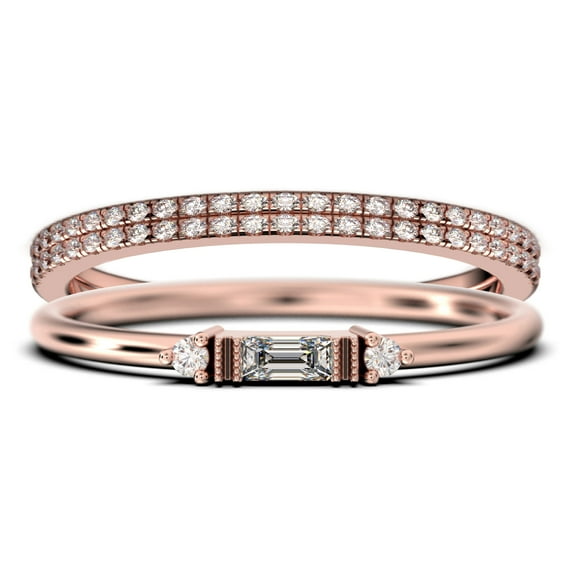 Dainty Minimalist 1.75 Carat Baguette Cut Diamond Moissanite Engagement Ring, Antique Wedding Ring in 10k Solid Rose Gold, Trio Set, Matching Band, Promise Ring, Anniversary Ring