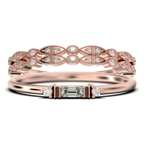 Dainty Minimalist 1.75 Carat Baguette Cut Diamond Moissanite Engagement Ring, Antique Wedding Ring in 10k Solid Rose Gold, Trio Set, Matching Band, Promise Ring, Anniversary Ring