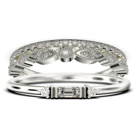 Dainty Minimalist 1.75 Carat Baguette Cut Diamond Moissanite Engagement Ring, Antique Wedding Ring in 925 Sterling Silver With 18k White Gold Plating, Trio Set, Matching Band