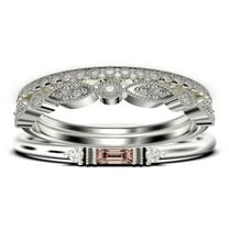 Dainty Minimalist 1.75 Carat Baguette Cut Morganite And Diamond Moissanite Engagement Ring, Antique Wedding Ring in 10k Solid White Gold, Trio Set, Matching Band, Promise Ring, Anniversary Ring