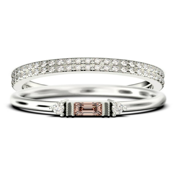 Dainty Minimalist 1.75 Carat Baguette Cut Morganite And Diamond Moissanite Engagement Ring, Antique Wedding Ring in 925 Sterling Silver With 18k White Gold Plating, Trio Set, Matching Band