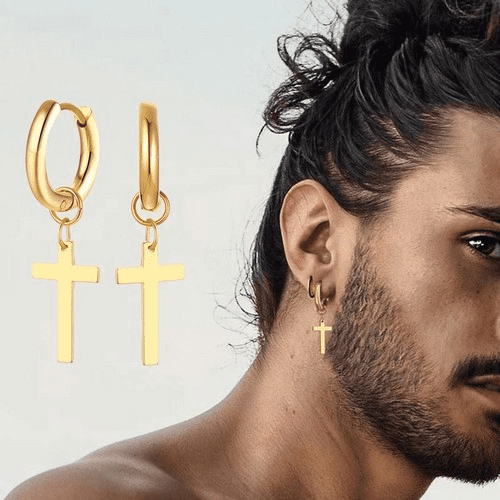 Dainty Minimalist 14K White Gold Dangling Cross Shaped Charm Huggie Pierced Hoop Earrings For Guy Men Women Jewelry