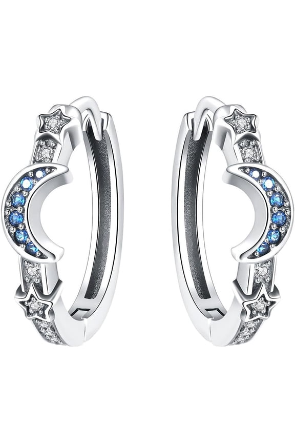 Dainty Moon Star Huggie Hoops CZ Crescent Drop Earrings for Women Hypoallergenic Sterling Silver Plated Delicate Crystal Cubic Zirconia Cartilage Minimalist Jewelry for Sensitive Ears Wedding Her