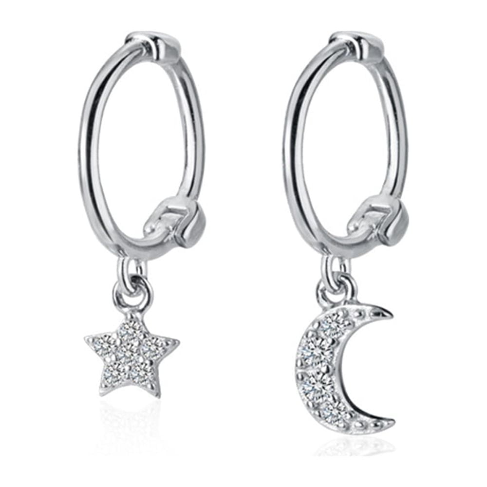 Dainty Moon Star Small Hoop Earrings Crystal Sterling Silver Dangle Hoops for Women