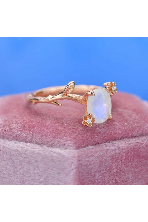 Dainty Natural Moonstone Leaf Ring, 2Ct Oval Cut Twig Moonstone Ring, Rose Gold Ring Unique Curved Floral Ring, Size 8