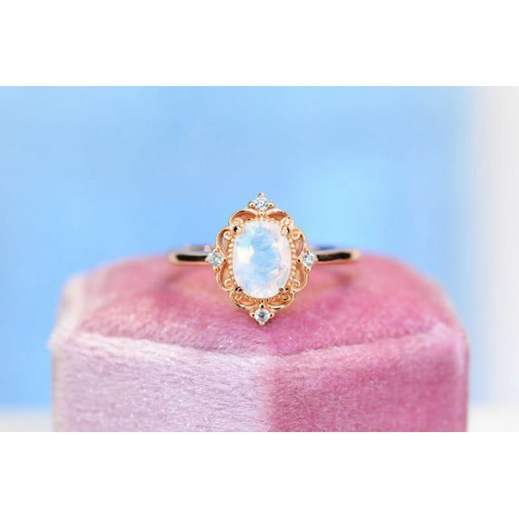 Dainty Natural Moonstone Ring , 2Ct Oval Cut Moonstone Vintage Halo Ring, Size 7