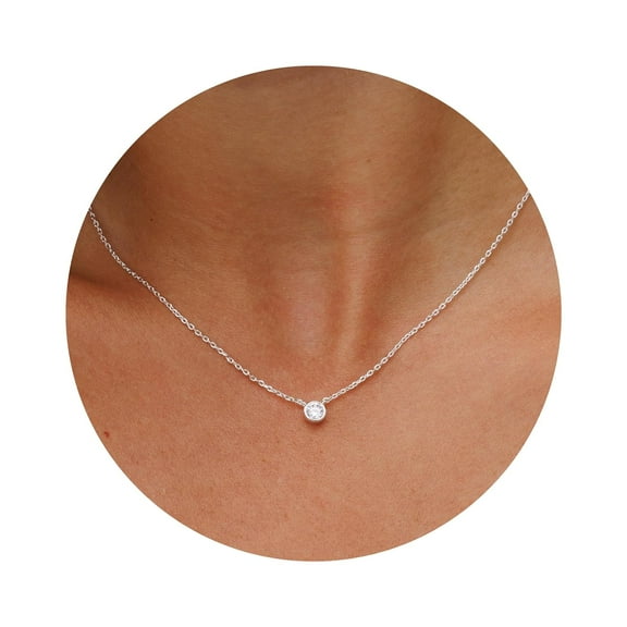 Dainty Necklace - Cubic Zirconia for Women with Small Round Faux Diamond Pendant, Silver Plated Chain Necklaces, Womens Trendy Simple Jewelry, 18" CZ Solitaire Lobster Clasp