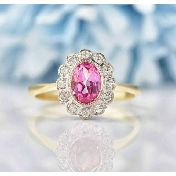 Diana Style Natural Pink Tourmaline Diamond Halo Bridal Wedding Ring 925Silver Oval Tourmaline Women Engagement Pink Gemstone Ring, Valentine Ring.