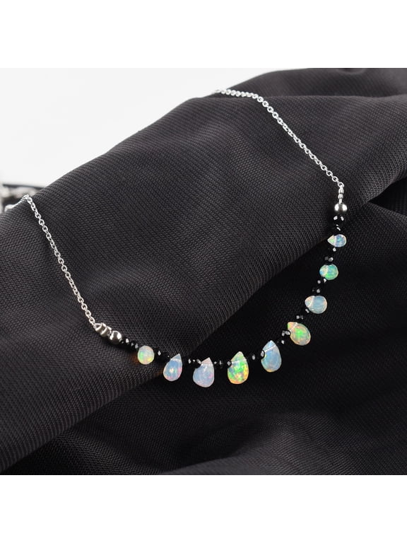Dainty Opal Teardrops Natural Ethiopian Opal-Black Spinel Stone Beads Handmade Women Necklace, Healing Chakra Crystal, Birthstone, Rhodium Plated 925 Sterling Silver Necklace, Gift for Her