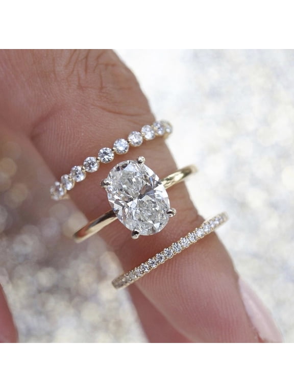 Dainty Oval Cubic Zirconia Engagement Ring Sets Bridal Wedding Simulated Diamond Promise Rings Fashion 3 Piece Stackable Wedding Band Ring Gold Plated Ring Set for Women Size 9