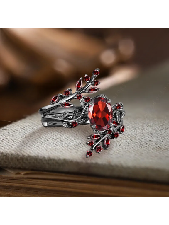 Dainty Oval Cut Garnet Engagement Ring - 14K Black Gold Finish - Bridal Promise Ring Set - Vintage Twig Leaf Wedding Band
