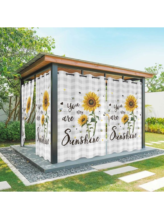 You Are My Sunshine Outdoor Curtains for Patio, Vintage Yellow Sunflower Floral Bees Light Grey Plaid Waterproof Outside Curtains Privacy Blackout Curtain for Porch Pergola 2 Panel 54Wx95L Inch