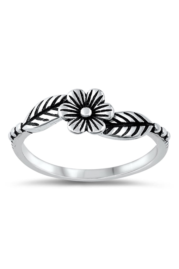 Dainty Oxidized Nature Leaf Flower Ring .925 Sterling Silver Band Jewelry Female Male Unisex Size 4