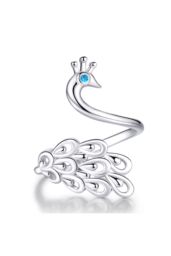 Dainty Peacock Sterling Silver Open Wrap Rings Blue CZ Band for Women