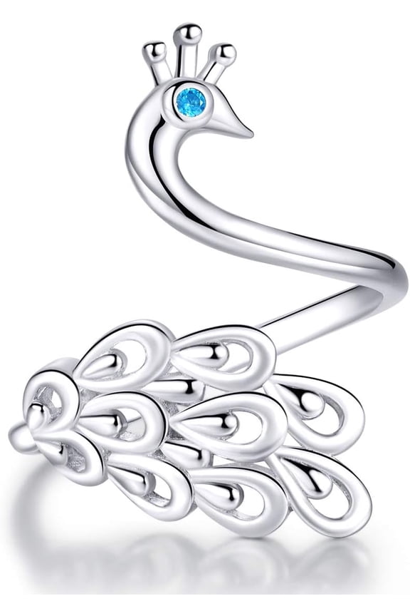 Dainty Peacock Sterling Silver Open Wrap Rings for Women Adjustable Elegant Animal Bule Crystal Cuff Finger Eternity Ring Expandable Band Jewelry Gifts