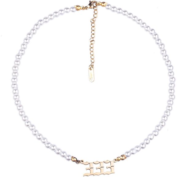 Dainty Pearl Angel Number Choker Necklace Pendant 000 1111 111 222 333 444 555 666 777 888 999 Numerology Jewelry Gift for Women -Gold 333