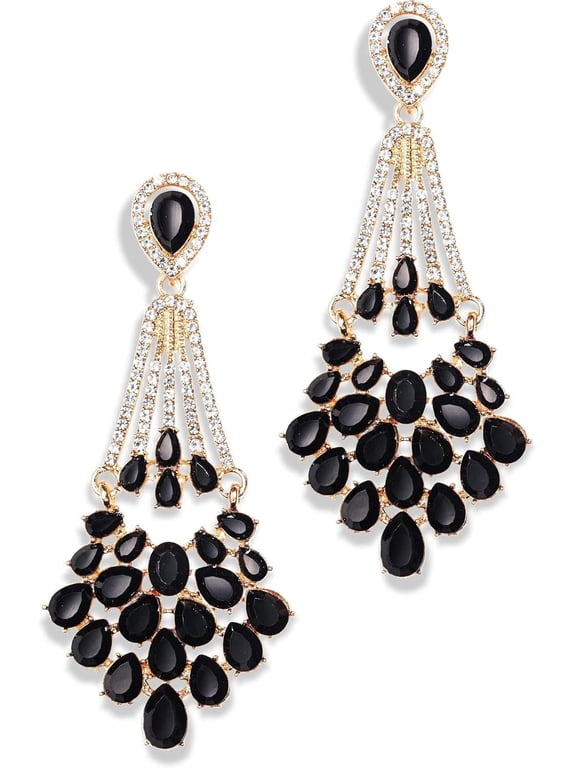 Dainty Pearl Drop Earrings for Women, Cubic Zirconia Long Chain Dangle Earrings, Hypoallergenic Gold Wedding Jewelry for Brides-black-