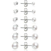 QINGBIN Dainty Pearl Earrings for Women: Hypoallergenic 6 Pairs Pearl Stud Earrings Set AAA+ Quality Freshwater Cultured Pearl Earrings Tiny Small and Big Ball Pearl Earrings for Women (3-8MM)