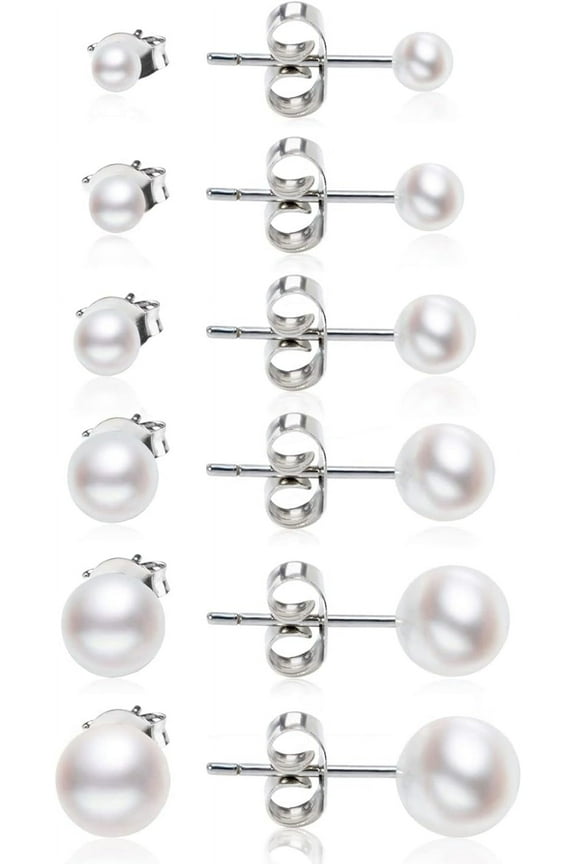 Dainty Pearl Earrings for Women: Hypoallergenic 6 Pairs Pearl Stud Earrings Set AAA+ Quality Freshwater Cultured Pearl Earrings Tiny Small and Big Ball Pearl Earrings for Women (3-8MM)