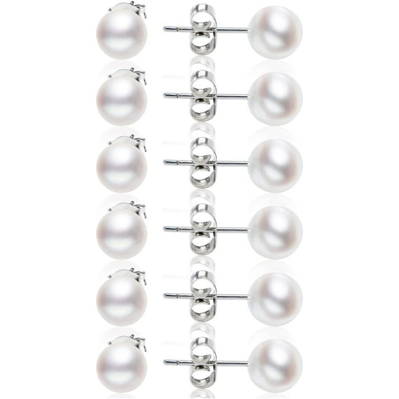 Dainty Pearl Earrings for Women: Hypoallergenic 6 Pairs Pearl Stud Earrings Set AAA+ Quality Freshwater Cultured Pearl Earrings Tiny Small and Big Ball Pearl Earrings for Women (3-8MM)
