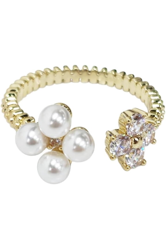 Dainty Pearl Flower Ring for Women Adjustable Open Statement Band Sparkling Cubic Zirconia Simulation Pearl Elegant Engagement Promise Ring Wedding Cocktail Party Jewelry