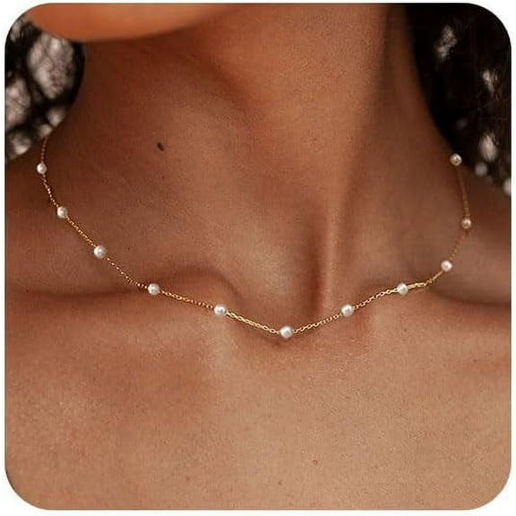 Dainty Pearl Necklace for Women 14K Gold Plated Faux Pearl Choker Necklaces Trendy White Silver Small Pearl Necklace Strand Wedding Prom Bridal Pearls Jewelry 14/16/18/20 Inches