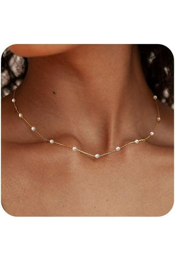 Dainty Pearl Necklace for Women 14K Gold Plated Faux Pearl Choker Necklaces Trendy White Silver Small Pearl Necklace Strand Wedding Prom Bridal Pearls Jewelry 14/16/18/20 Inches