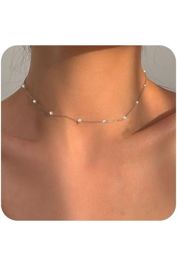 Dainty Pearl Necklace for Women 14K Gold Plated Faux Pearl Choker Necklaces Trendy White Silver Small Pearl Necklace Strand Wedding Prom Bridal Pearls Jewelry 14/16/18/20 Inches