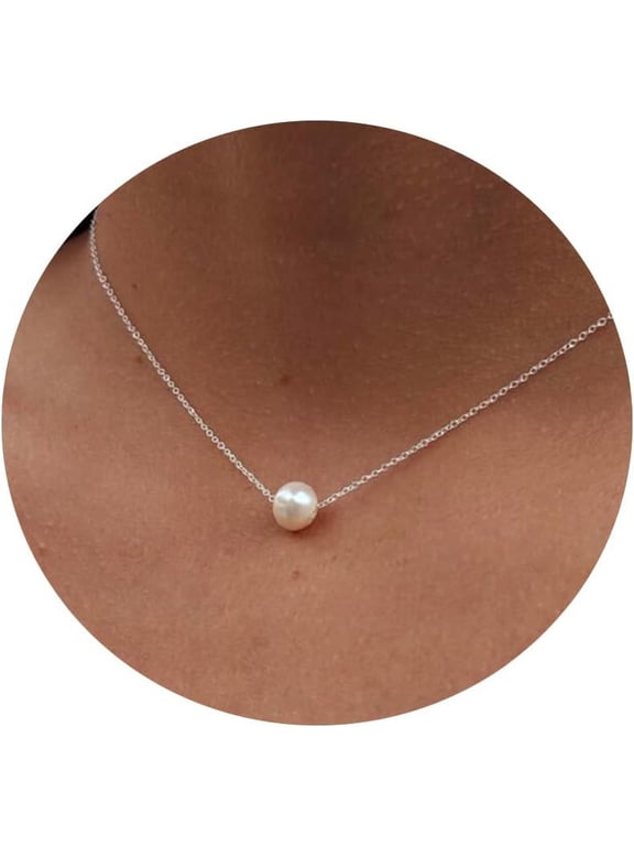 Dainty Pearl Necklaces For Women 14K Gold/Silver Plated Cute Single Pearl Necklace Elegant Small Tiny Pearl Choker Thin Chain Necklace Simple White Pearl Drop Y Long Necklace Freshwater Pear[o6282]